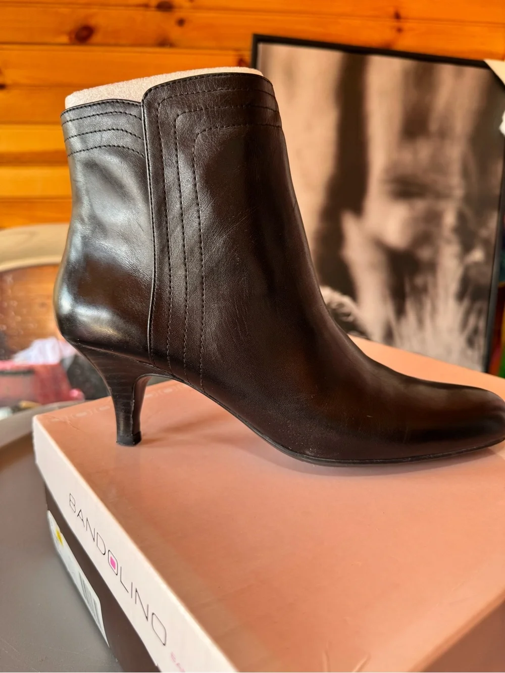 Bandolino Black Leather Ankle Bootie with Side Zip and Kitten Heel